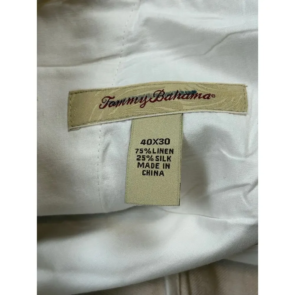 Tommy Bahama Linen Silk Pleated Pants Men's 40x30 Cream Unlined Preppy Summer